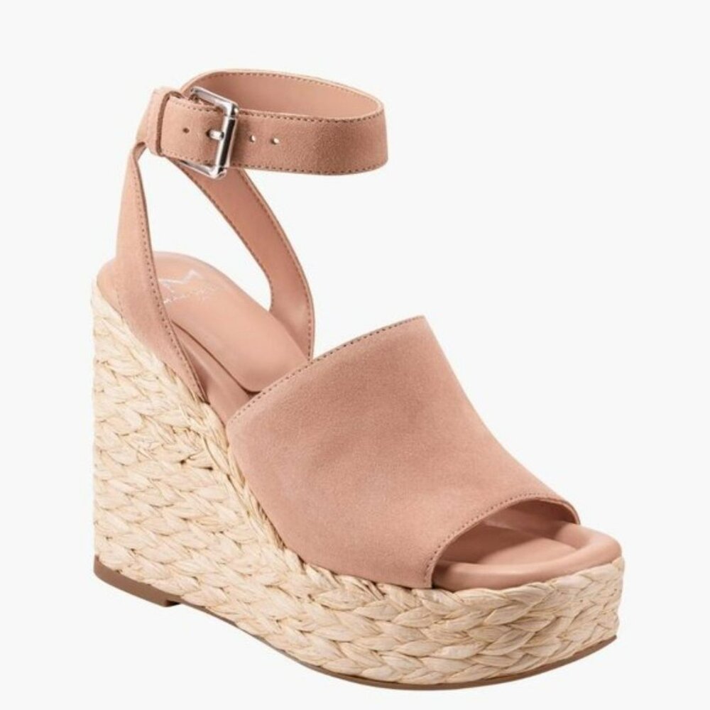 MARC FISHER Nelly Ankle Strap Wedge Espedrille Sandal In peach suede.  S…